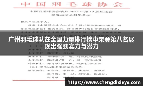 广州羽毛球队在全国力量排行榜中荣登第八名展现出强劲实力与潜力